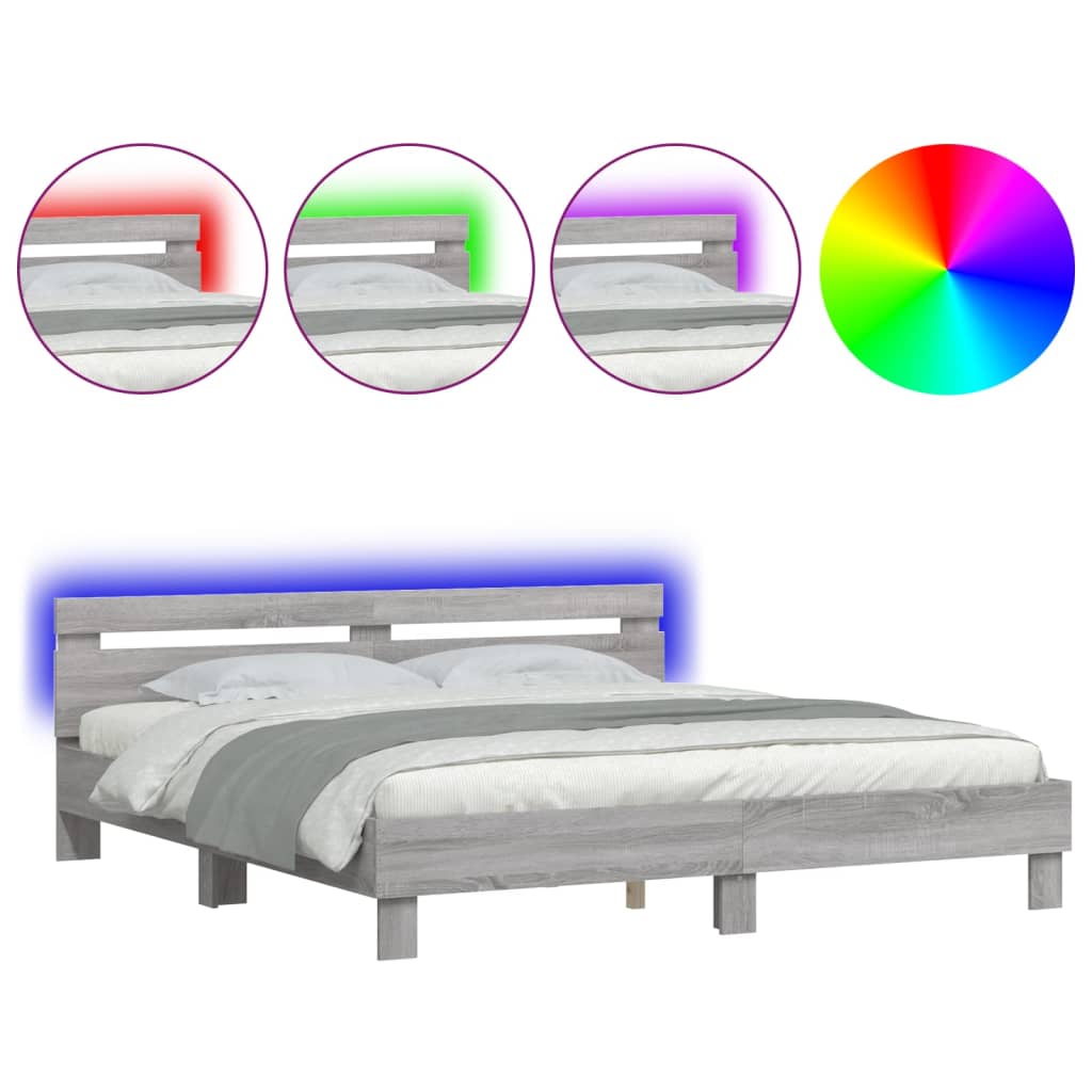 Bed Frame with LED without Mattress Grey Sonoma 200x200 cm