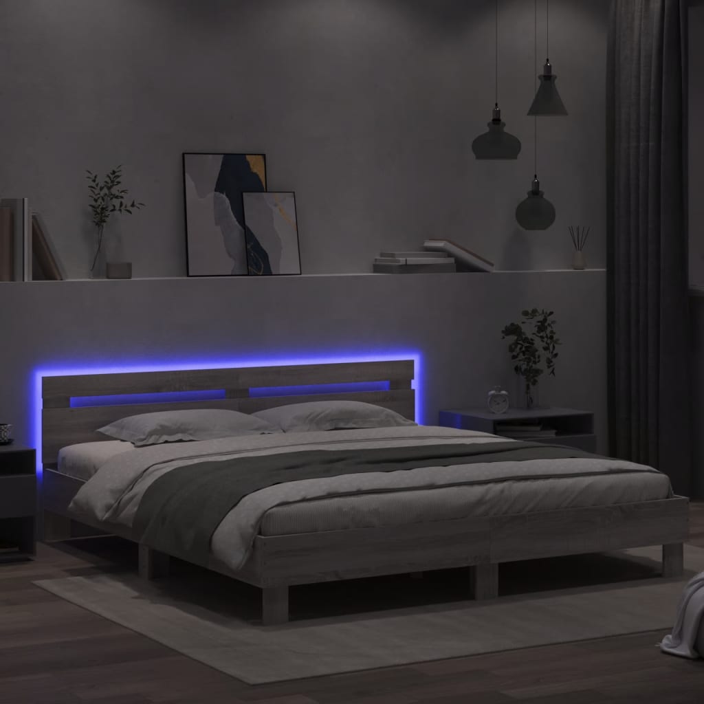 Bed Frame with LED without Mattress Grey Sonoma 200x200 cm