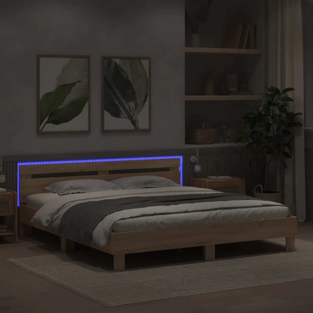 Modern Wooden Super King Size 180cm Bed Frame Base With Headboard & LED Lights