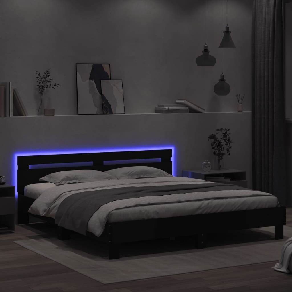 Modern Wooden Queen Size 160cm Bed Frame Base With Headboard & LED Lights