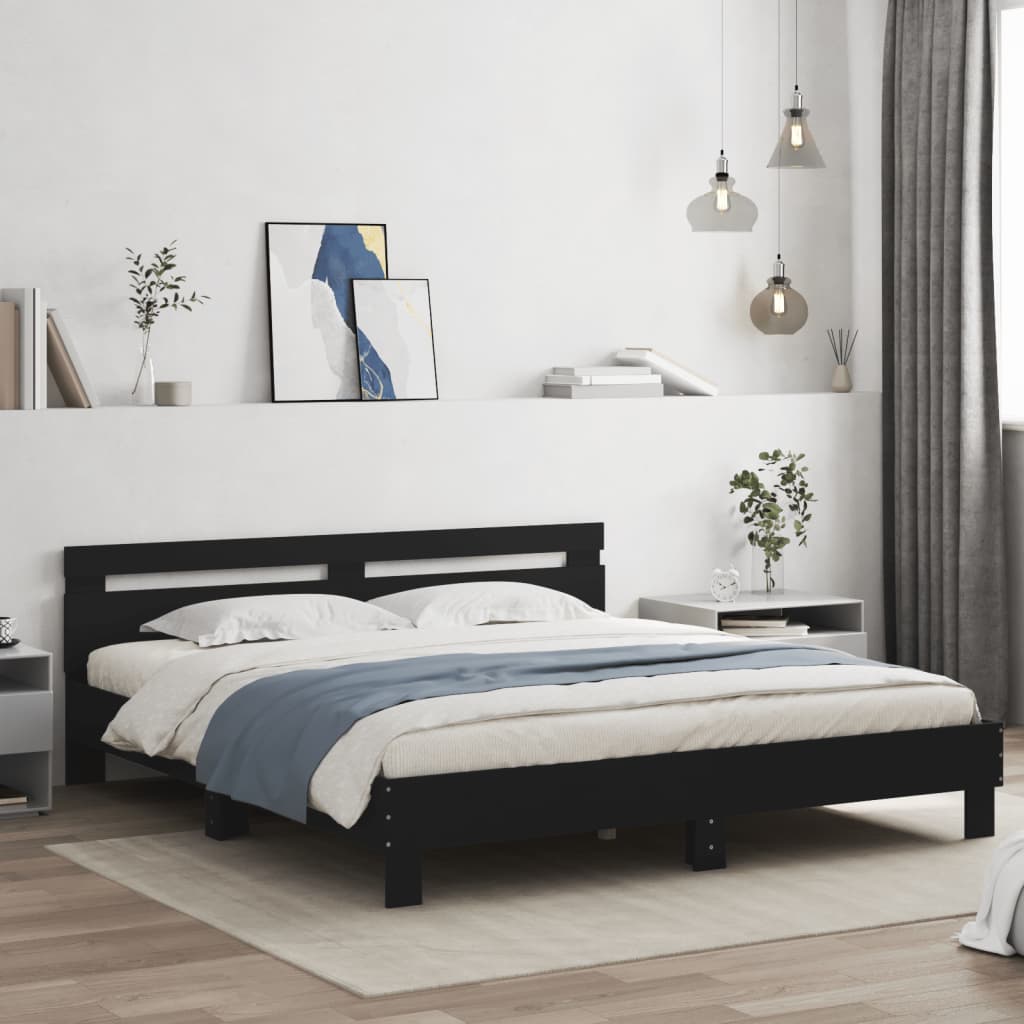Modern Wooden Queen Size 160cm Bed Frame Base With Headboard & LED Lights