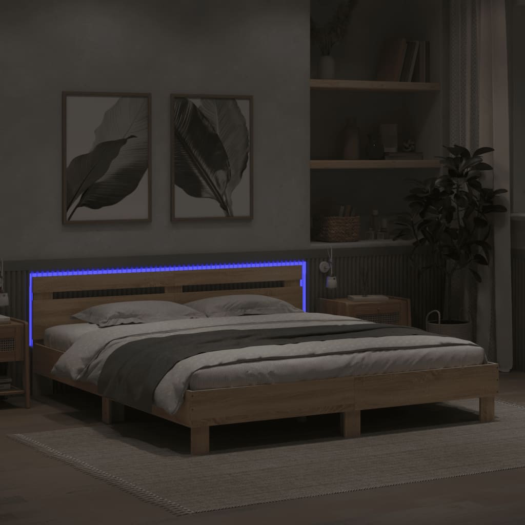 Modern Wooden Queen Size 160cm Bed Frame Base With Headboard & LED Lights