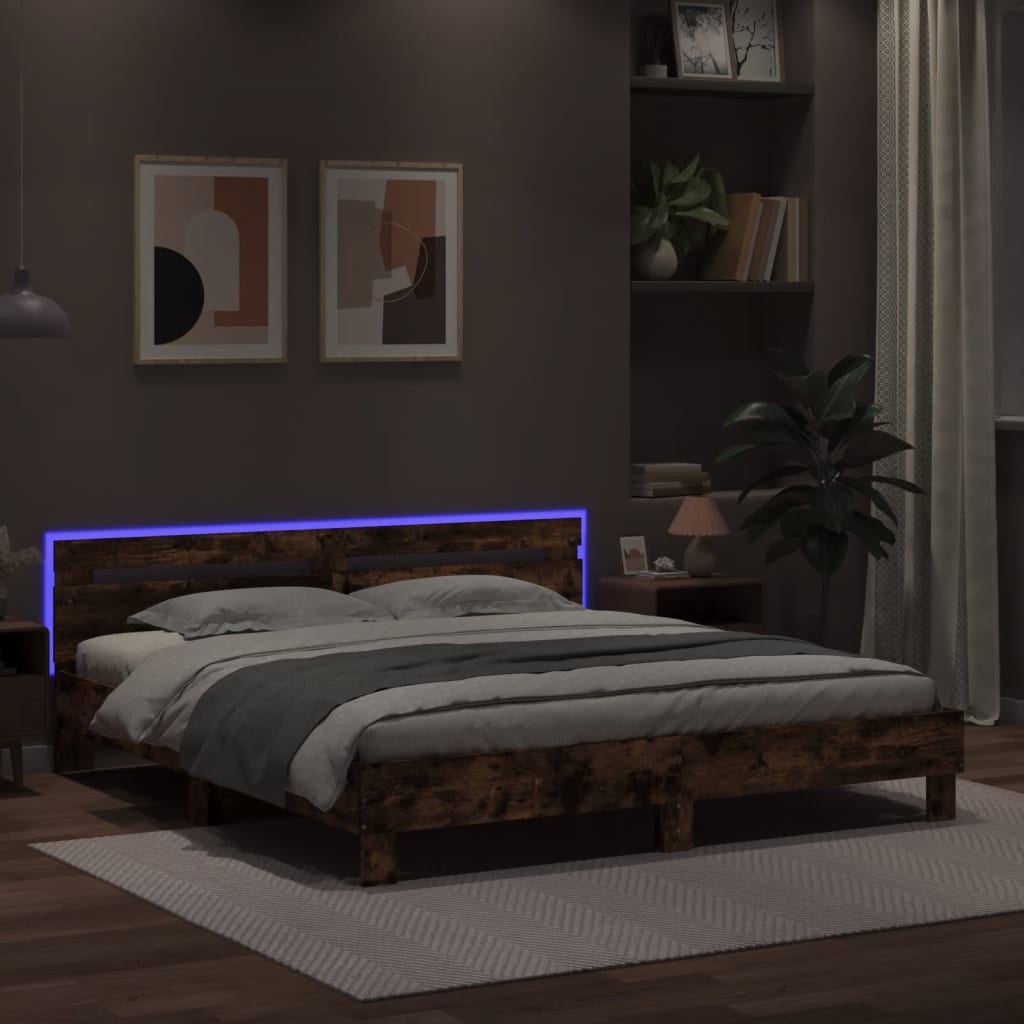 Modern Wooden Queen Size 160cm Bed Frame Base With Headboard & LED Lights
