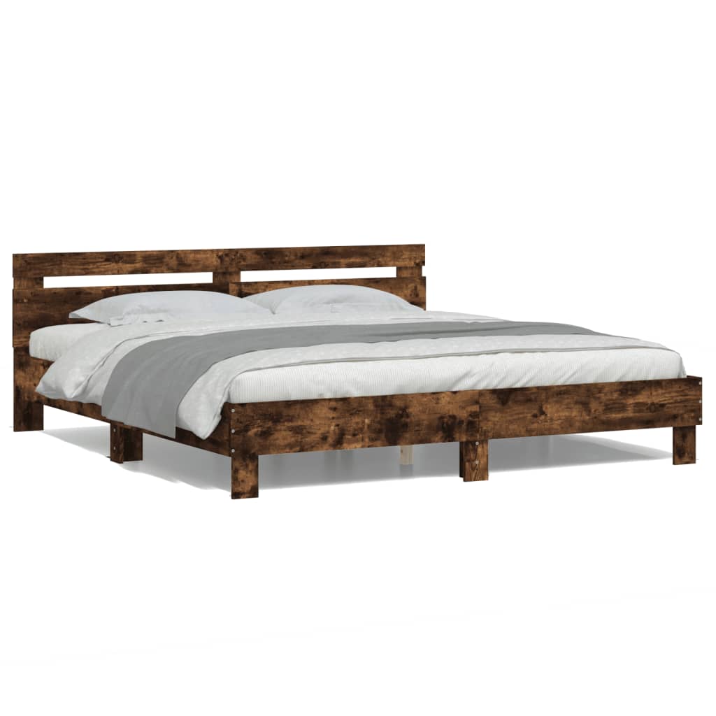 Modern Wooden Queen Size 160cm Bed Frame Base With Headboard & LED Lights