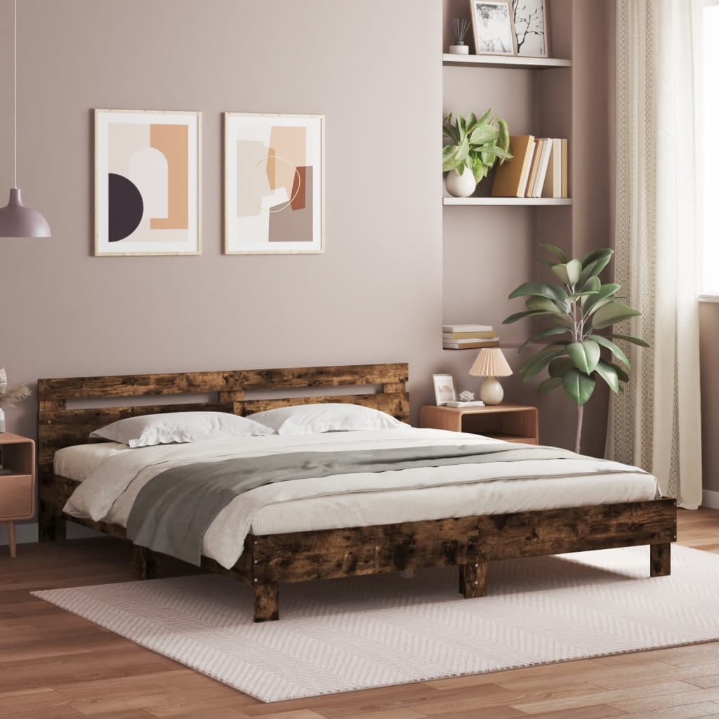 Modern Wooden Queen Size 160cm Bed Frame Base With Headboard & LED Lights