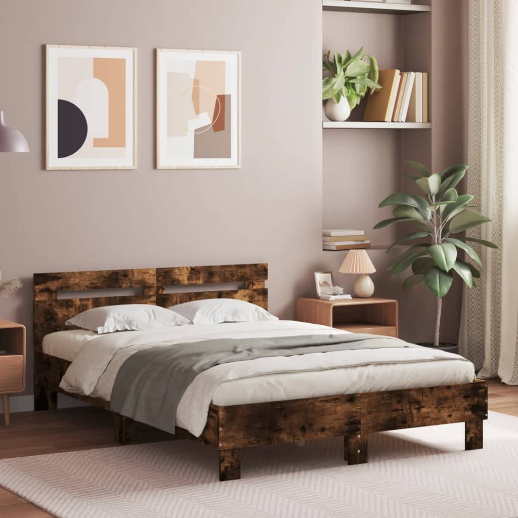 Bed Frame with LED without Mattress Smoked Oak 135x190 cm Double