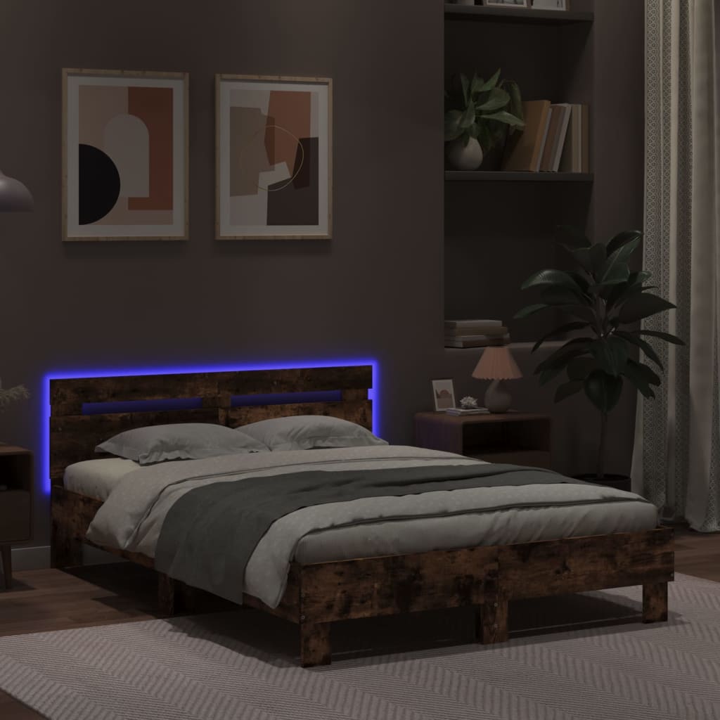 Bed Frame with LED without Mattress Smoked Oak 120x190 cm Small Double