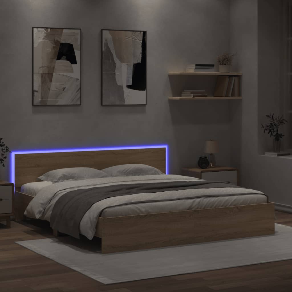 Modern Wooden Emperor Size 2m Bed Frame Base With Headboard & LED Lights