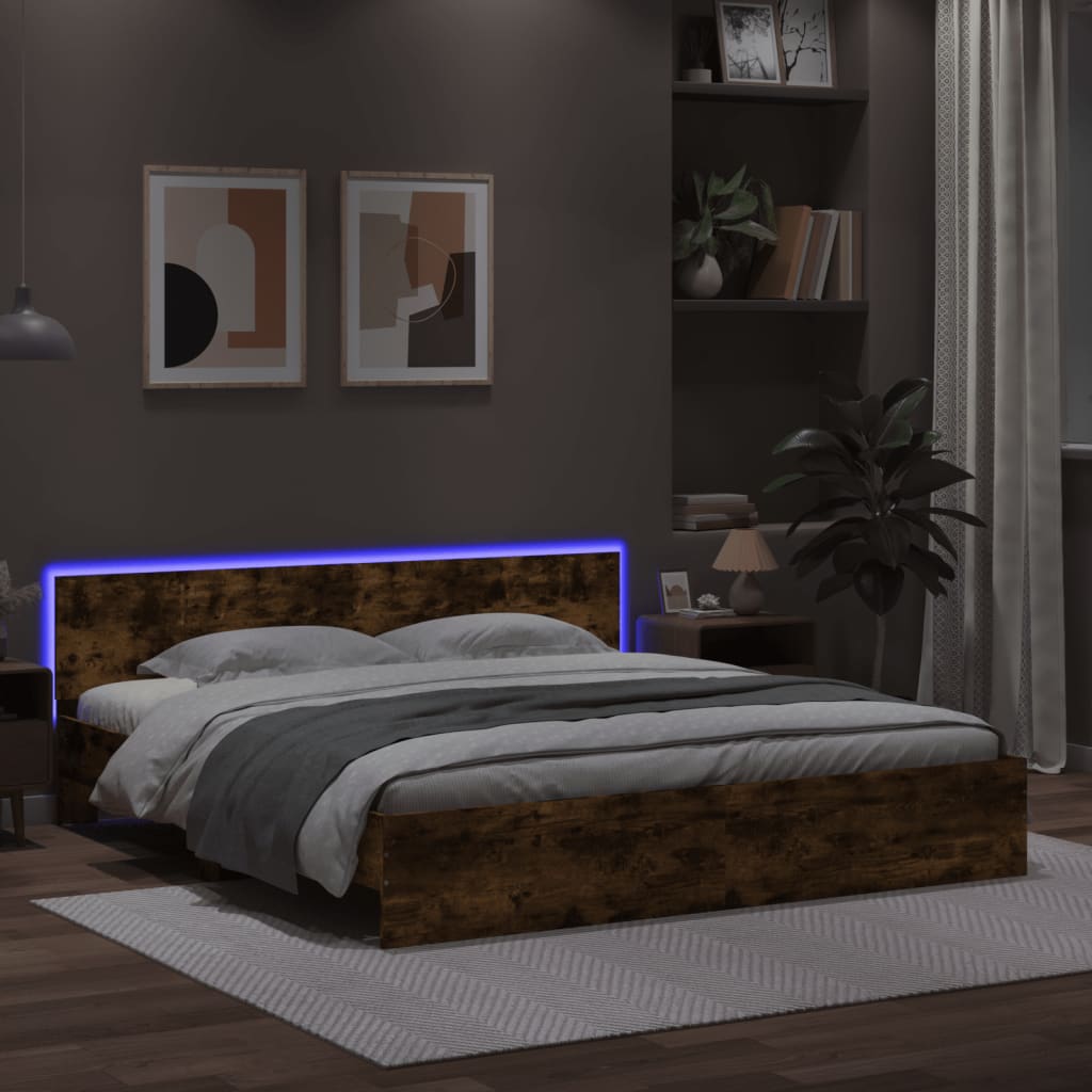 Modern Wooden Emperor Size 2m Bed Frame Base With Headboard & LED Lights
