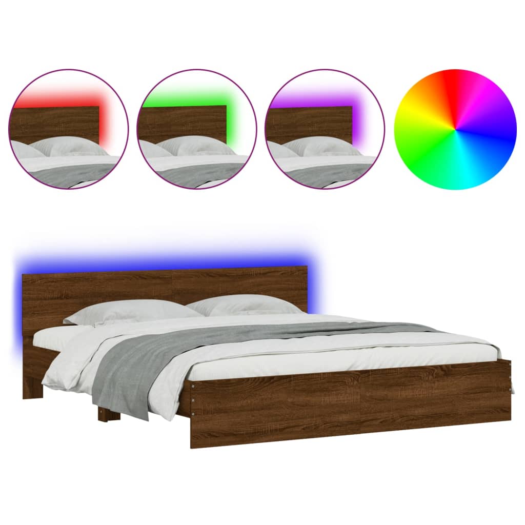 Modern Wooden Super King Size 180cm Bed Frame Base With Headboard & LED Lights