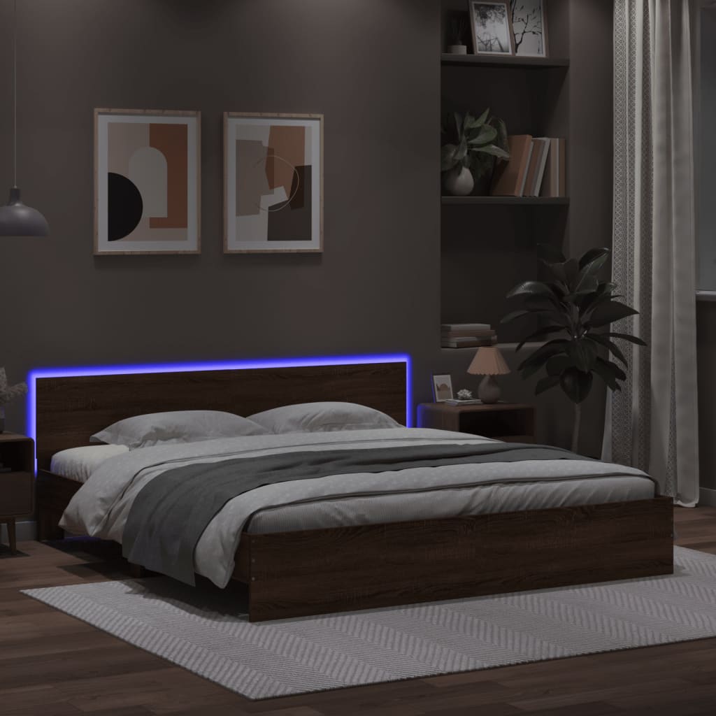 Modern Wooden Super King Size 180cm Bed Frame Base With Headboard & LED Lights