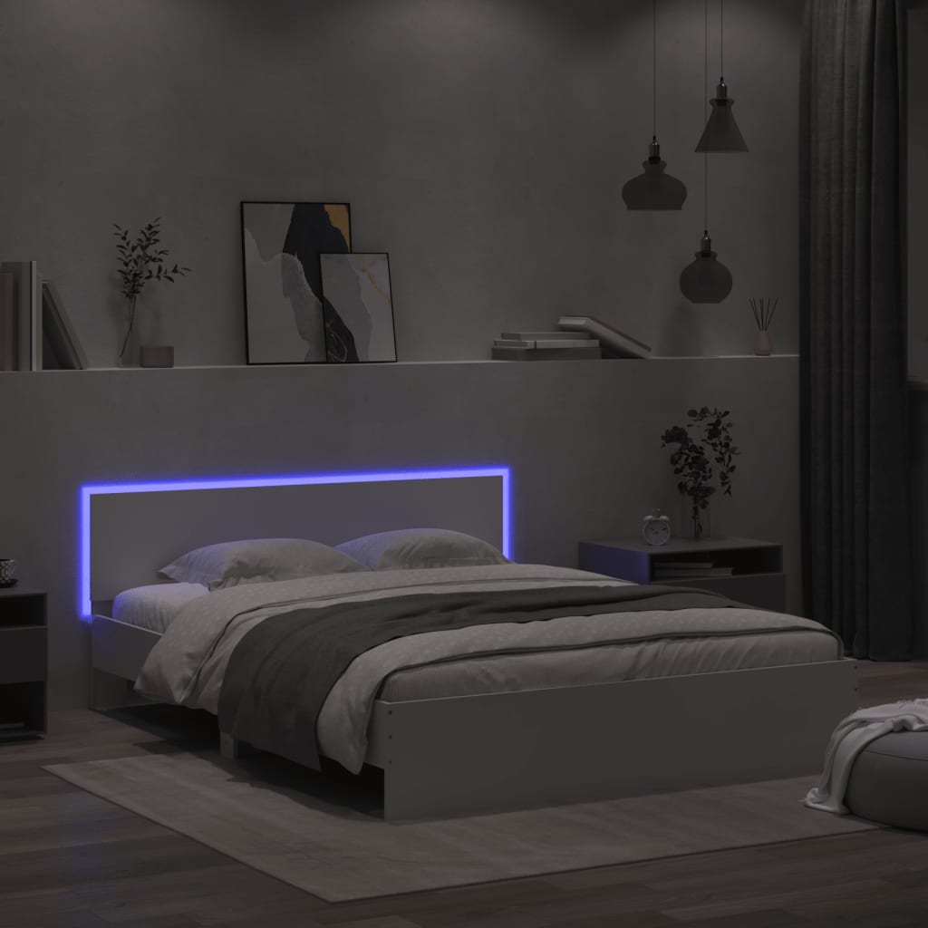 Modern Wooden Queen Size 160cm Bed Frame Base With Headboard & LED Lights