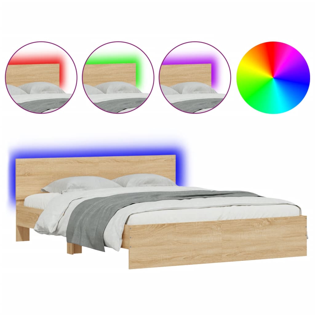Modern Wooden Queen Size 160cm Bed Frame Base With Headboard & LED Lights