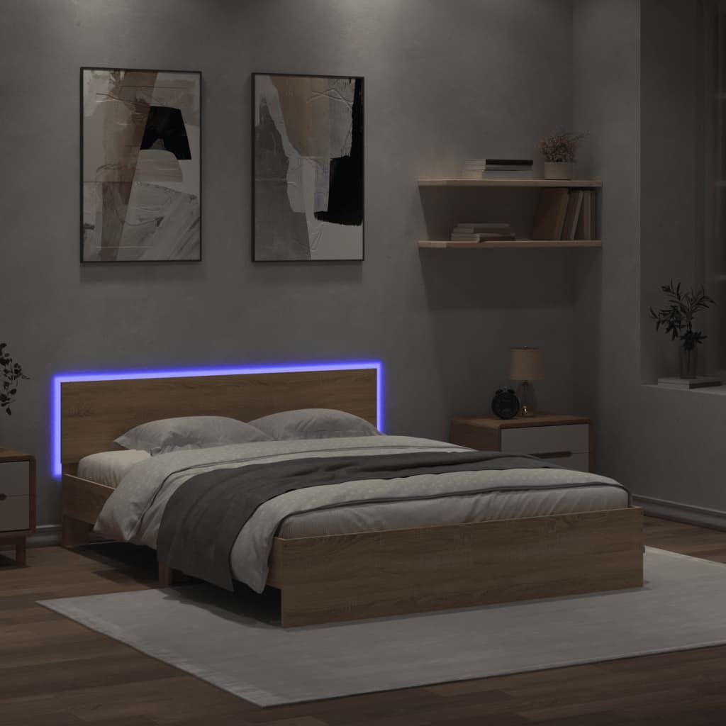 Modern Wooden Queen Size 160cm Bed Frame Base With Headboard & LED Lights