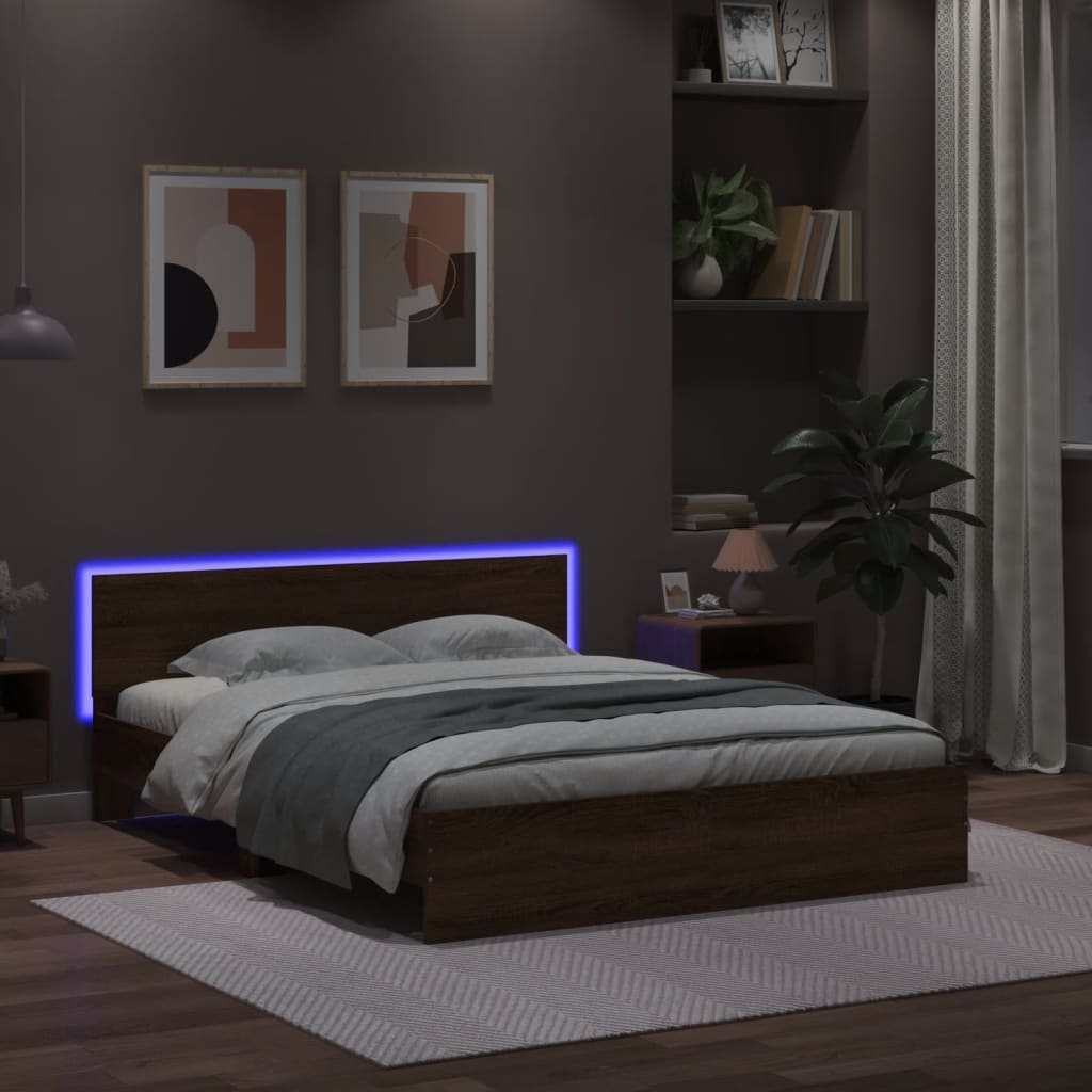 Modern Wooden Queen Size 160cm Bed Frame Base With Headboard & LED Lights
