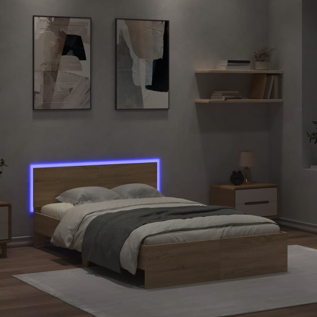 Modern Wooden Double Size 135cm Bed Frame Base With Headboard & LED Lights