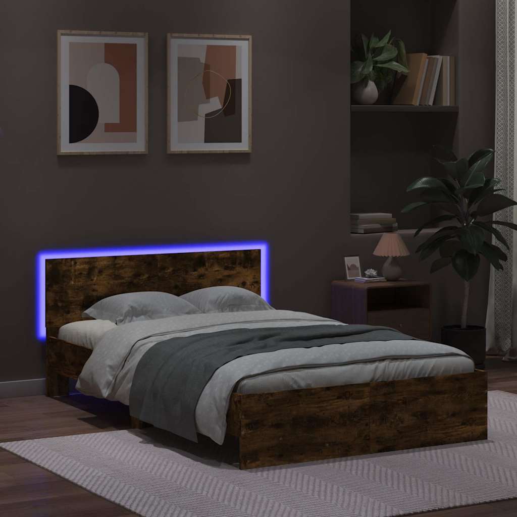 Bed Frame with Headboard and LED Smoked Oak 120x190 cm Small Double