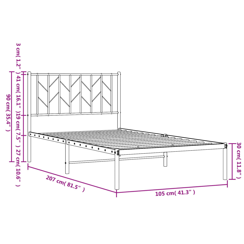 Metal Bed Frame without Mattress with Headboard Black 100x200cm
