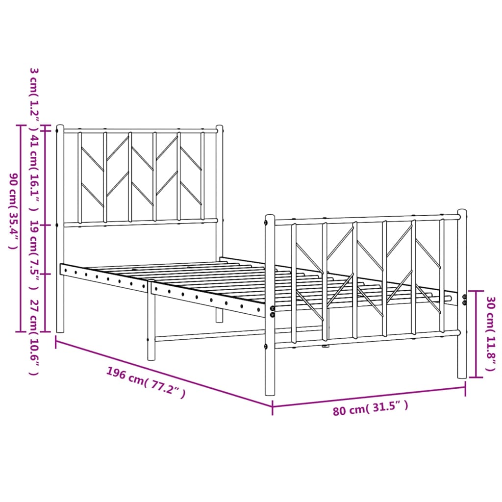 Metal Bed Frame without Mattress with Footboard Black 75x190cm