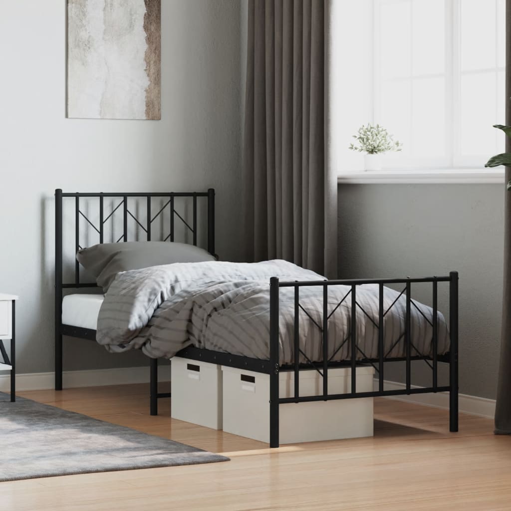 Metal Bed Frame without Mattress with Footboard Black 75x190cm