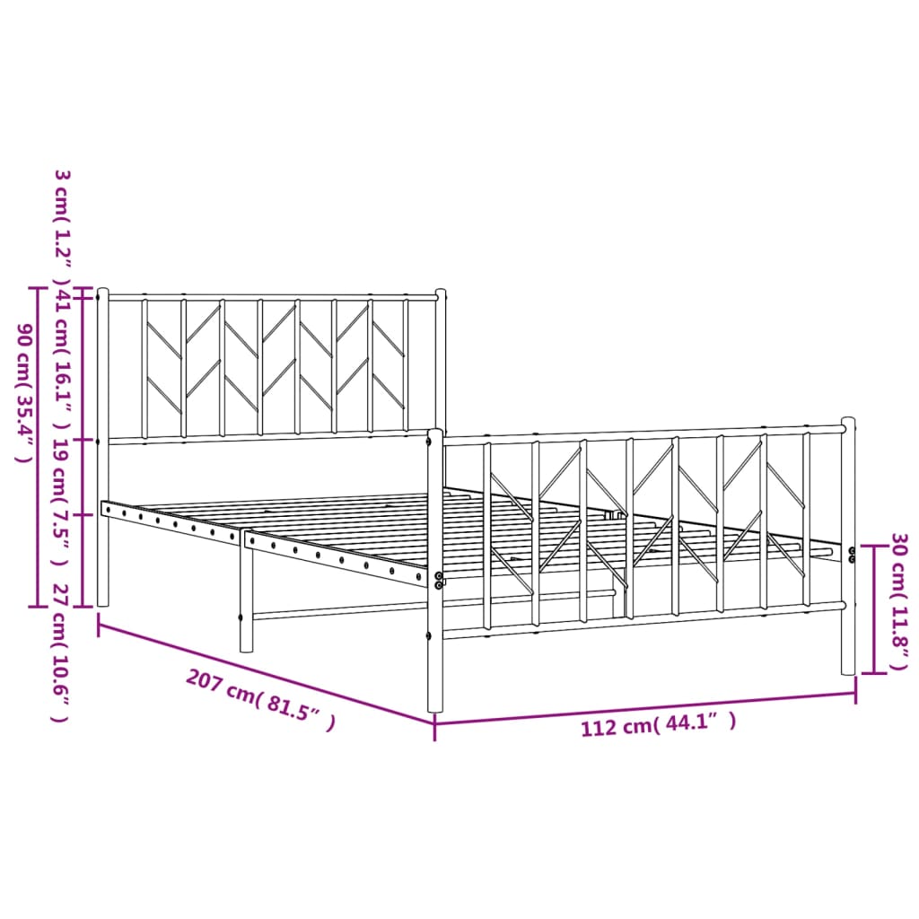 Metal Bed Frame without Mattress with Footboard Black 107x203cm