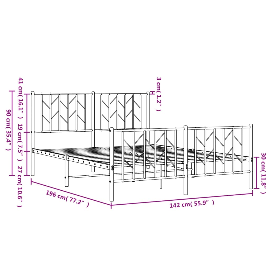 Metal Bed Frame without Mattress with Footboard White 135x190cm