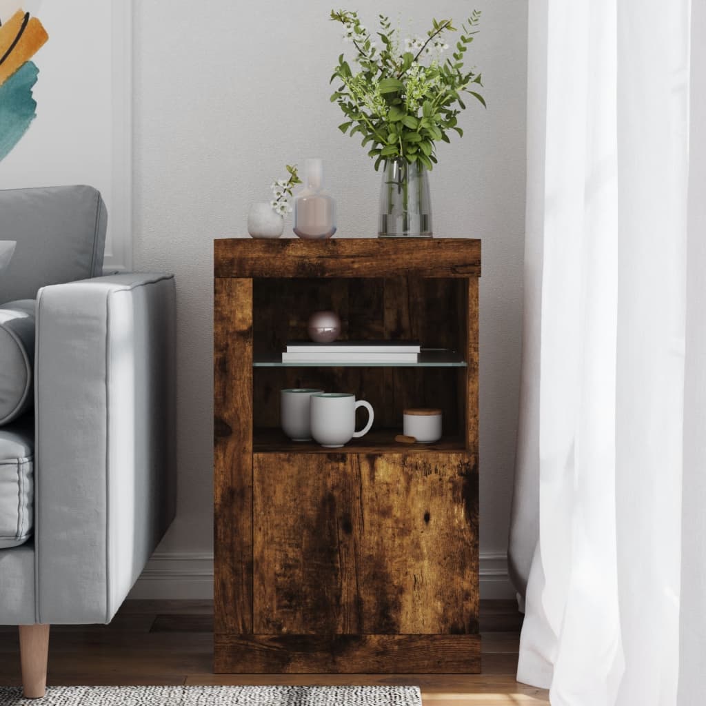 Side Cabinet with LED Lights Smoked Oak Engineered Wood