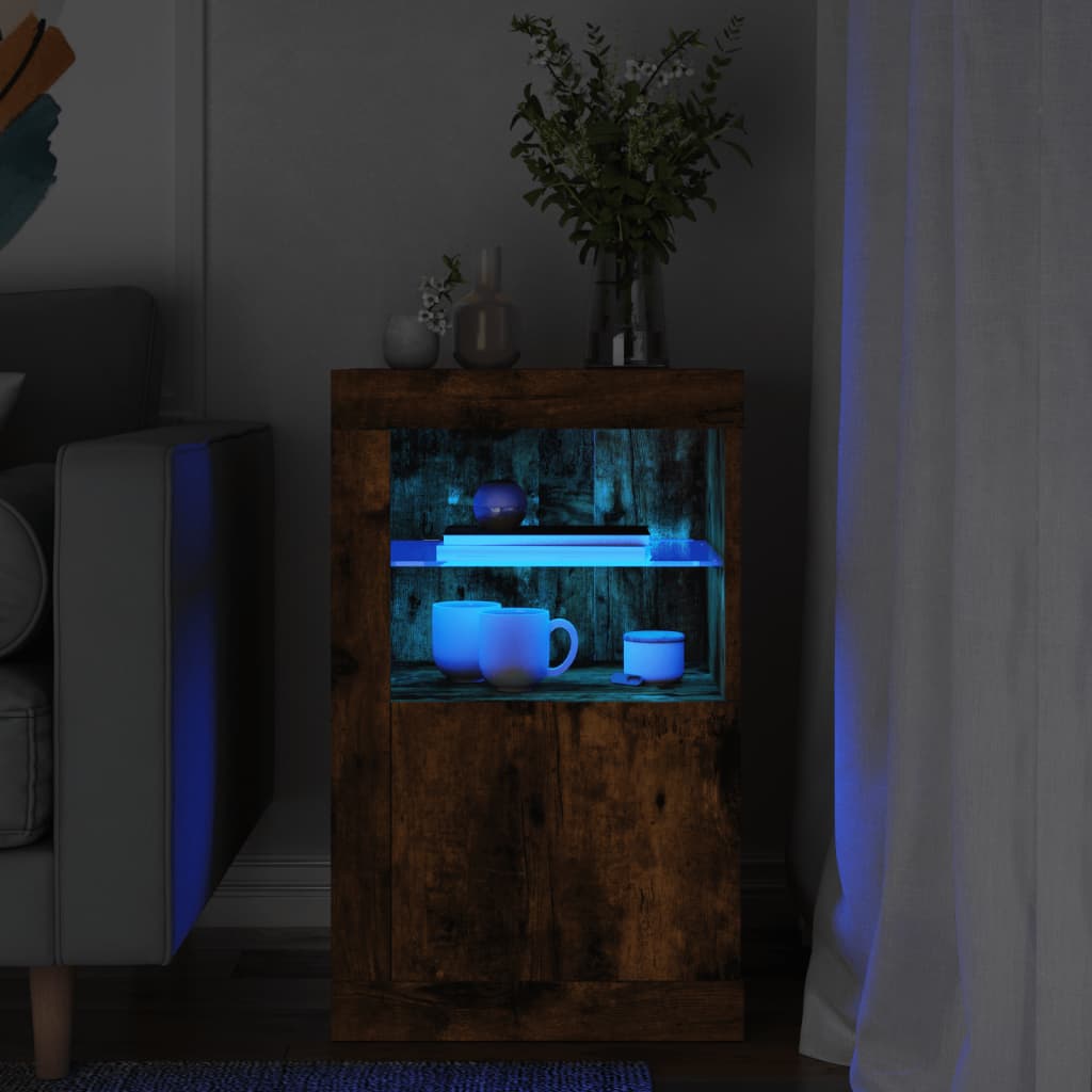 Side Cabinet with LED Lights Smoked Oak Engineered Wood
