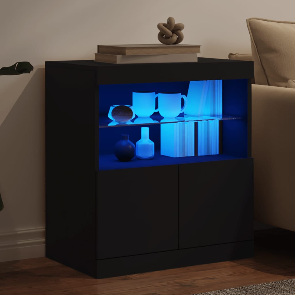 Modern Wooden Sideboard Storage Cabinet With LED Lights, 2 Doors & Shelves