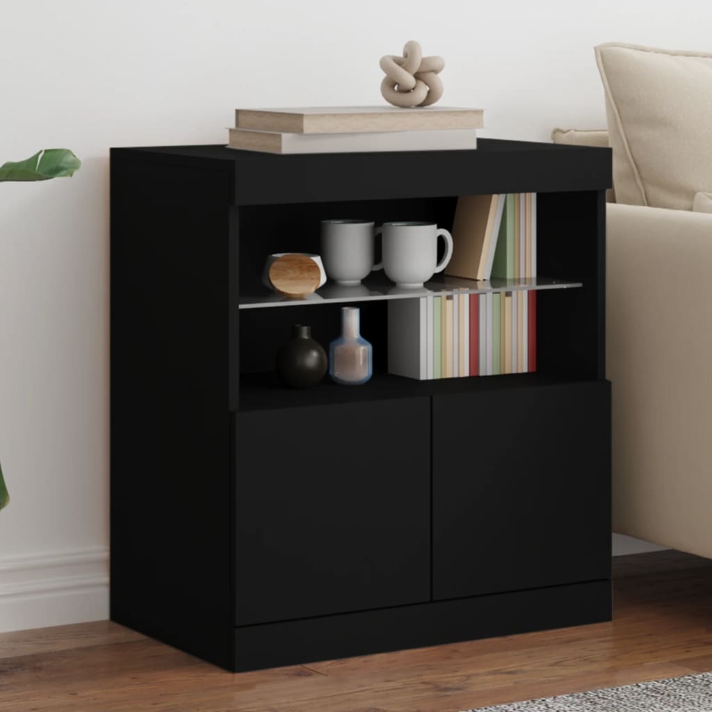 Modern Wooden Sideboard Storage Cabinet With LED Lights, 2 Doors & Shelves