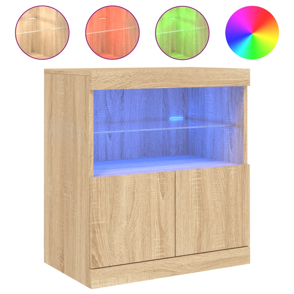 Modern Wooden Sideboard Storage Cabinet With LED Lights, 2 Doors & Shelves
