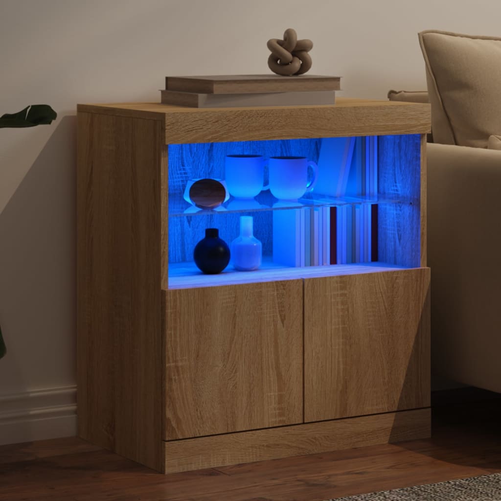 Modern Wooden Sideboard Storage Cabinet With LED Lights, 2 Doors & Shelves