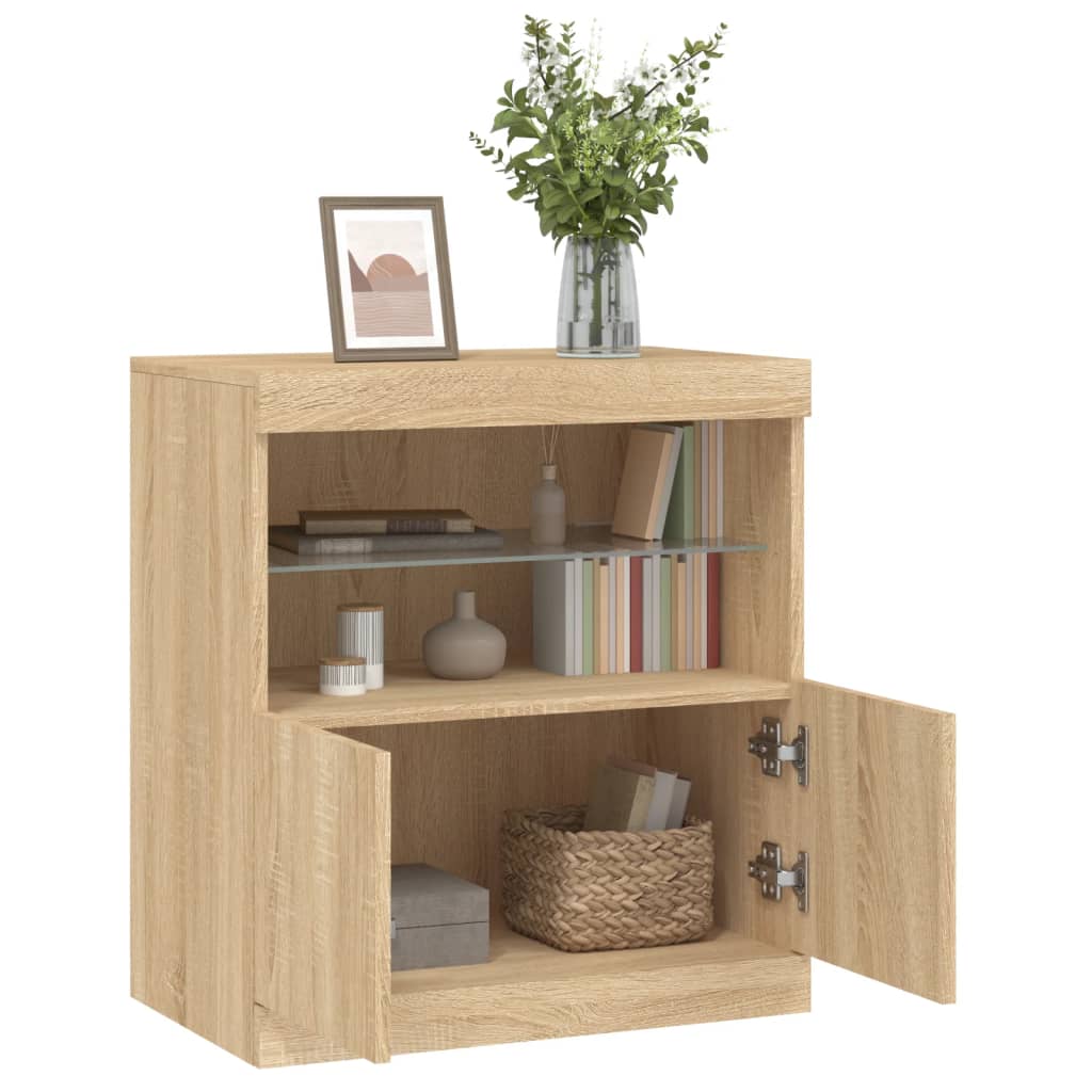 Modern Wooden Sideboard Storage Cabinet With LED Lights, 2 Doors & Shelves