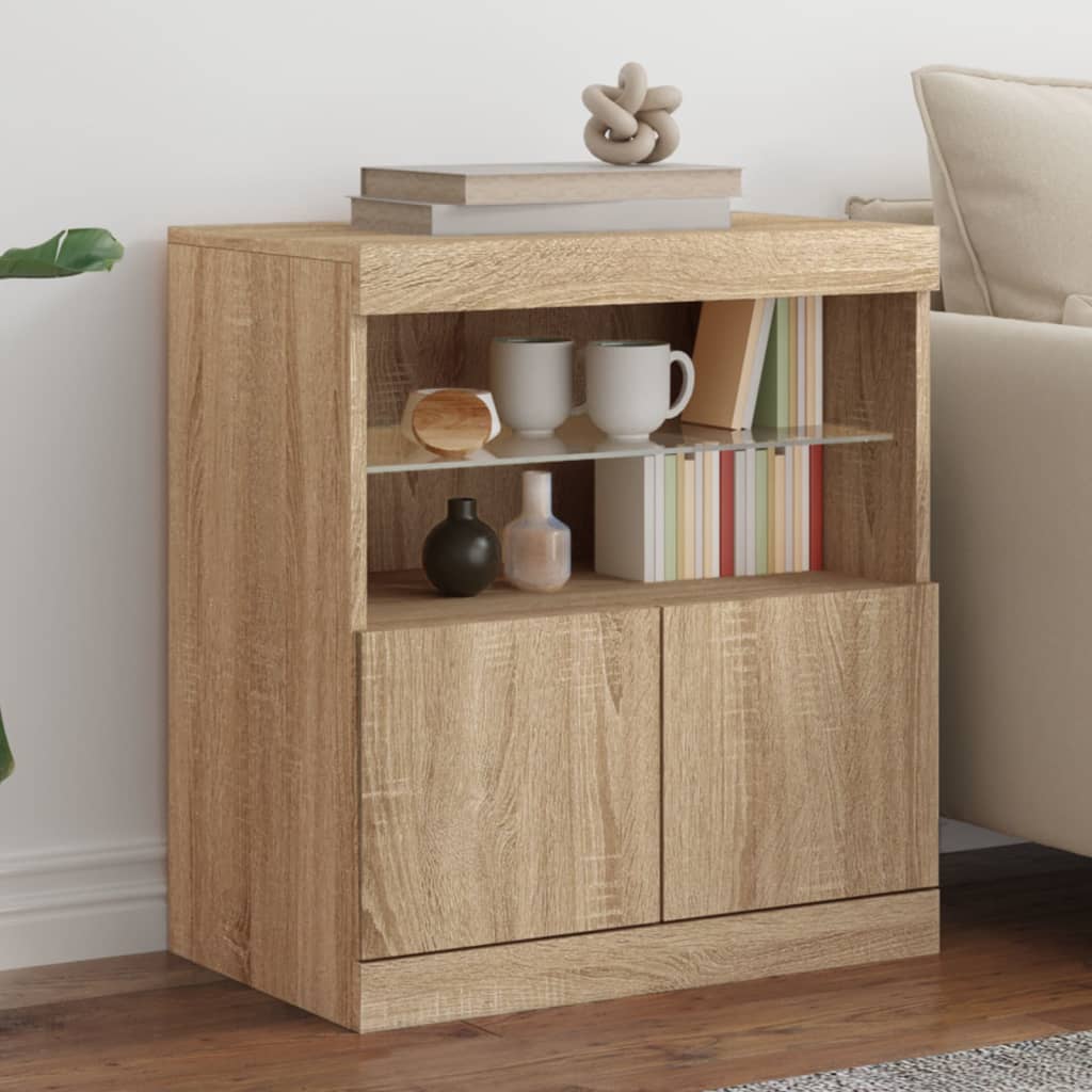 Modern Wooden Sideboard Storage Cabinet With LED Lights, 2 Doors & Shelves