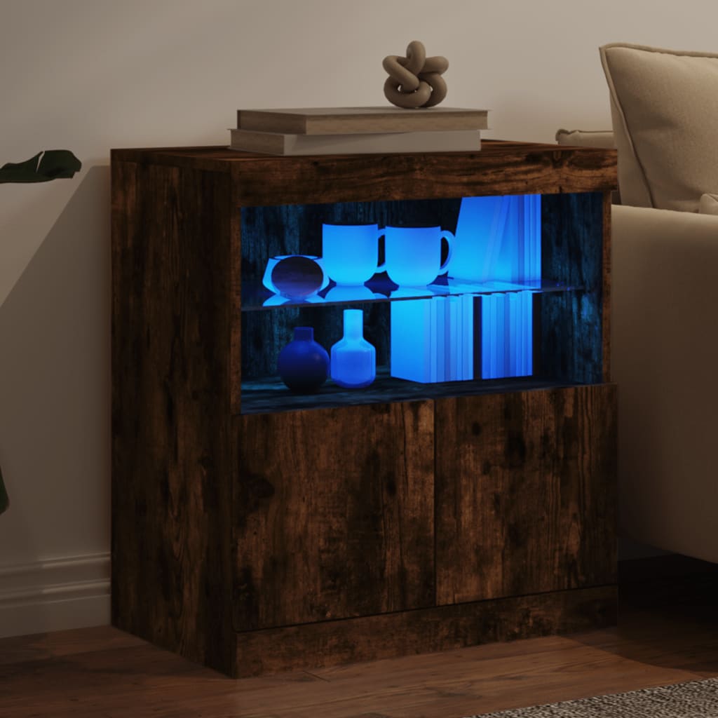Modern Wooden Sideboard Storage Cabinet With LED Lights, 2 Doors & Shelves