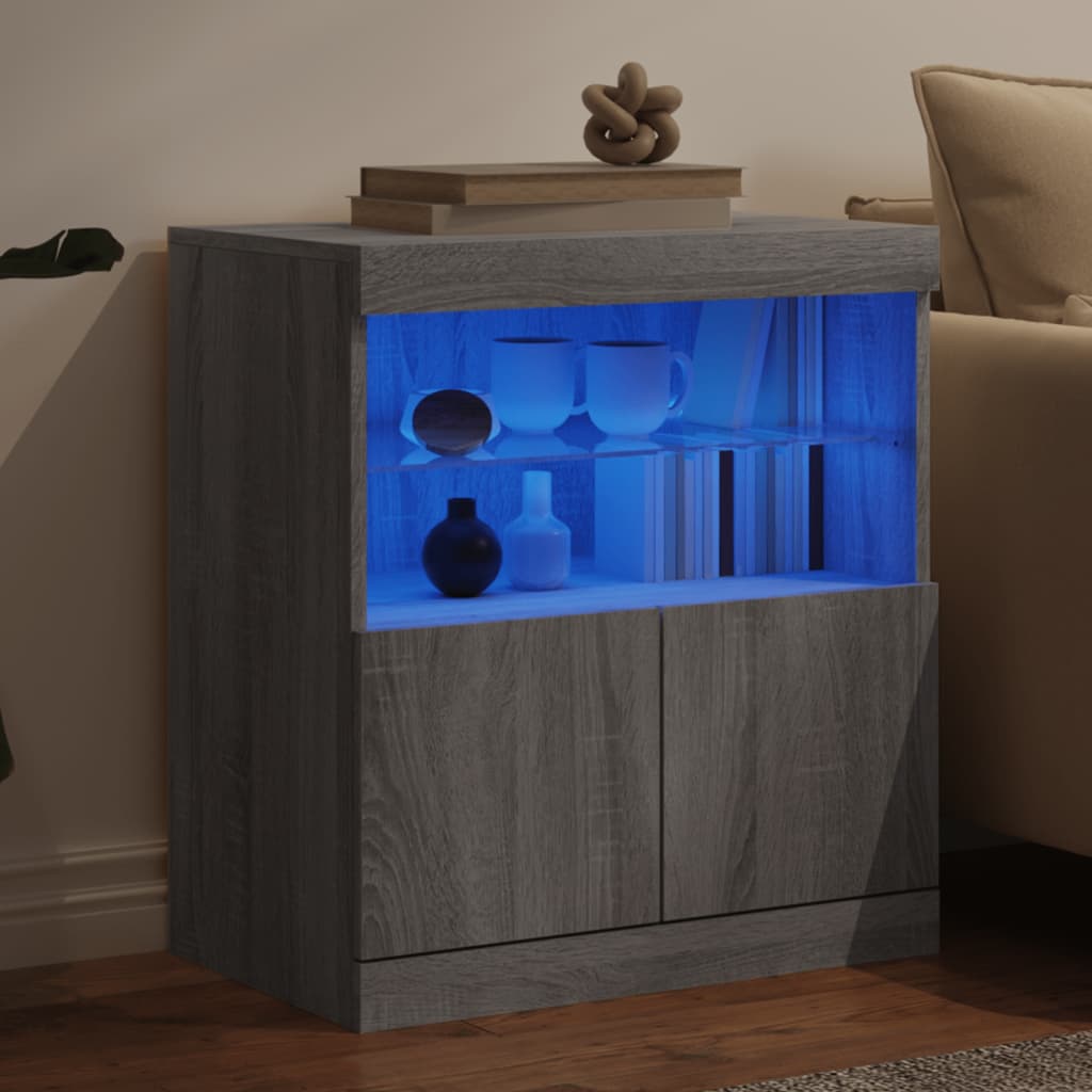 Modern Wooden Sideboard Storage Cabinet With LED Lights, 2 Doors & Shelves