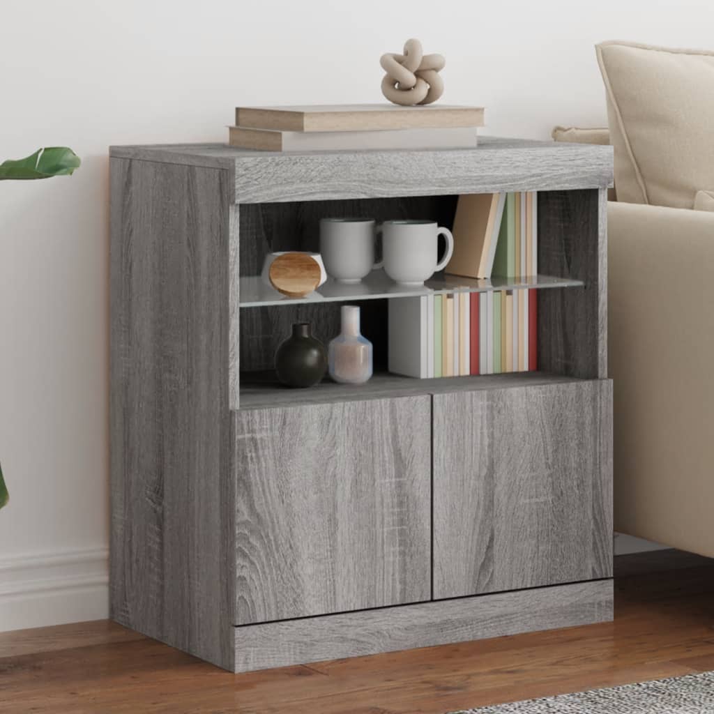 Modern Wooden Sideboard Storage Cabinet With LED Lights, 2 Doors & Shelves