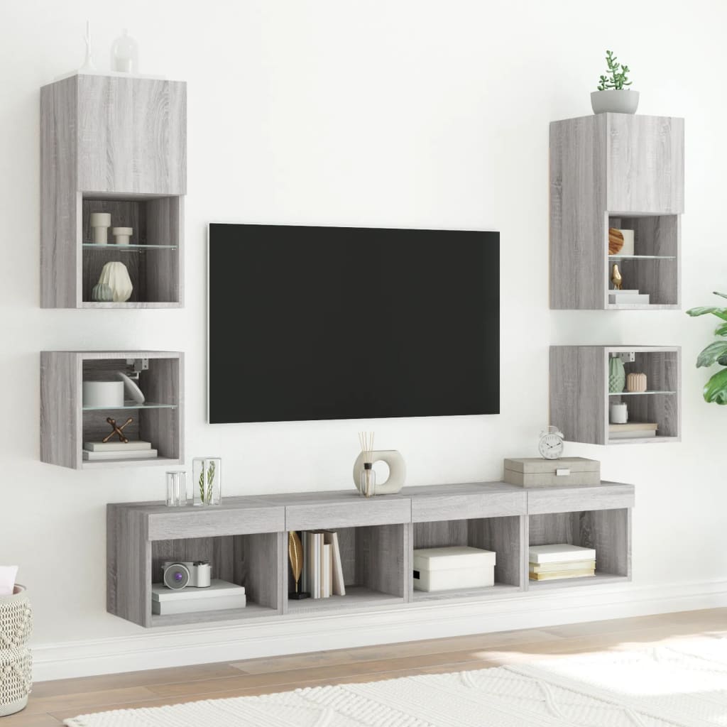 TV Wall Cabinets with LED Lights 2 pcs Grey Sonoma 30x28.5x30 cm