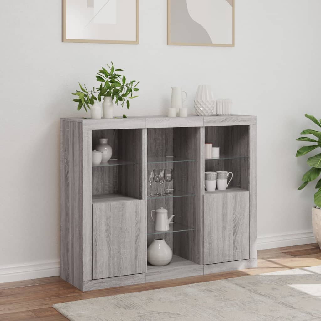 Sideboards with LED Lights 3 pcs Grey Sonoma Engineered Wood