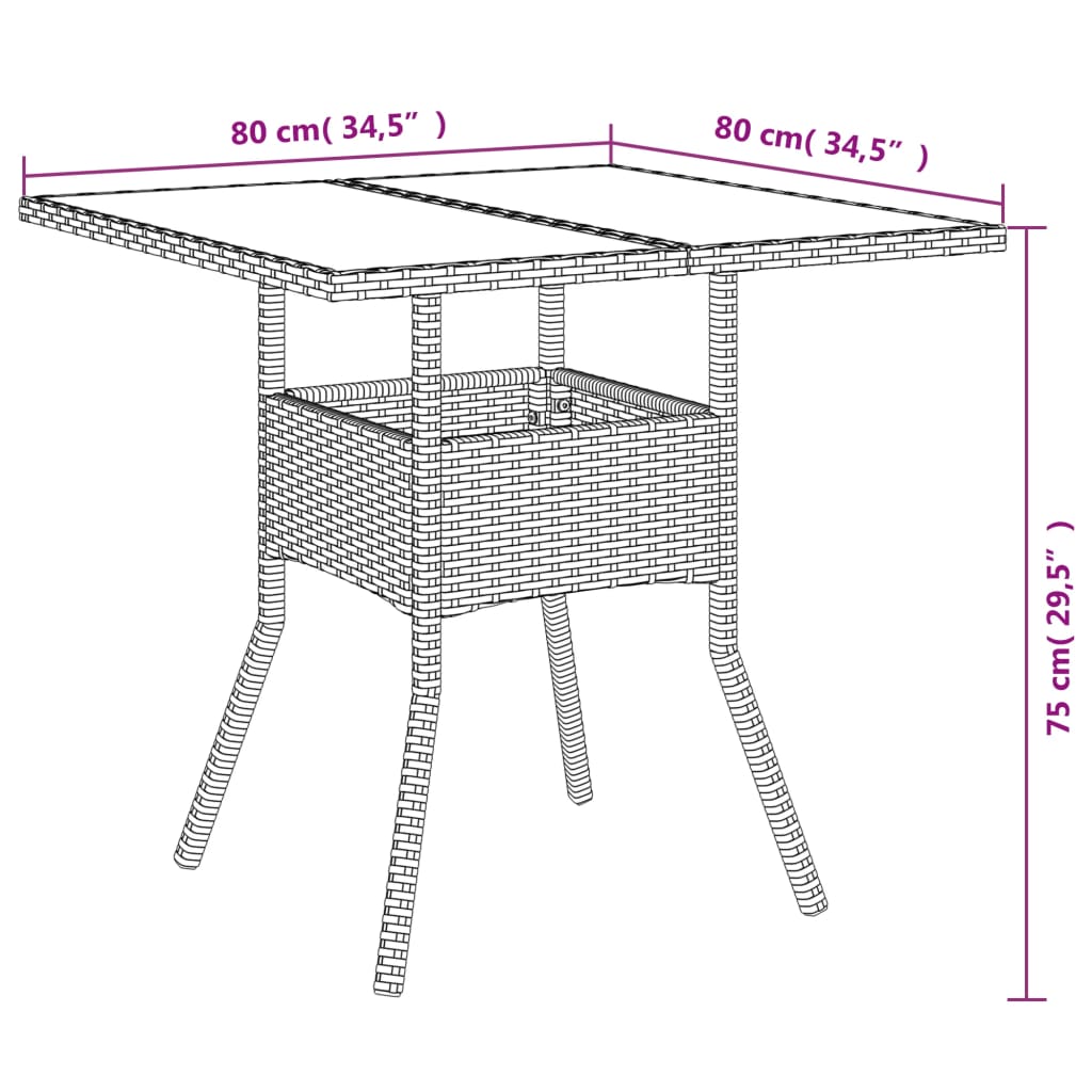 Outdoor Patio Poly Rattan Square 4 Person Garden Dining Table With Glass Top