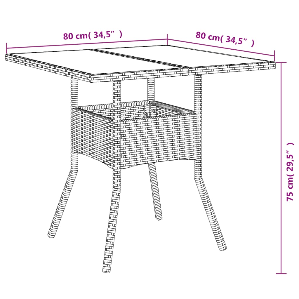 Outdoor Patio Poly Rattan Square 4 Person Garden Dining Table With Glass Top