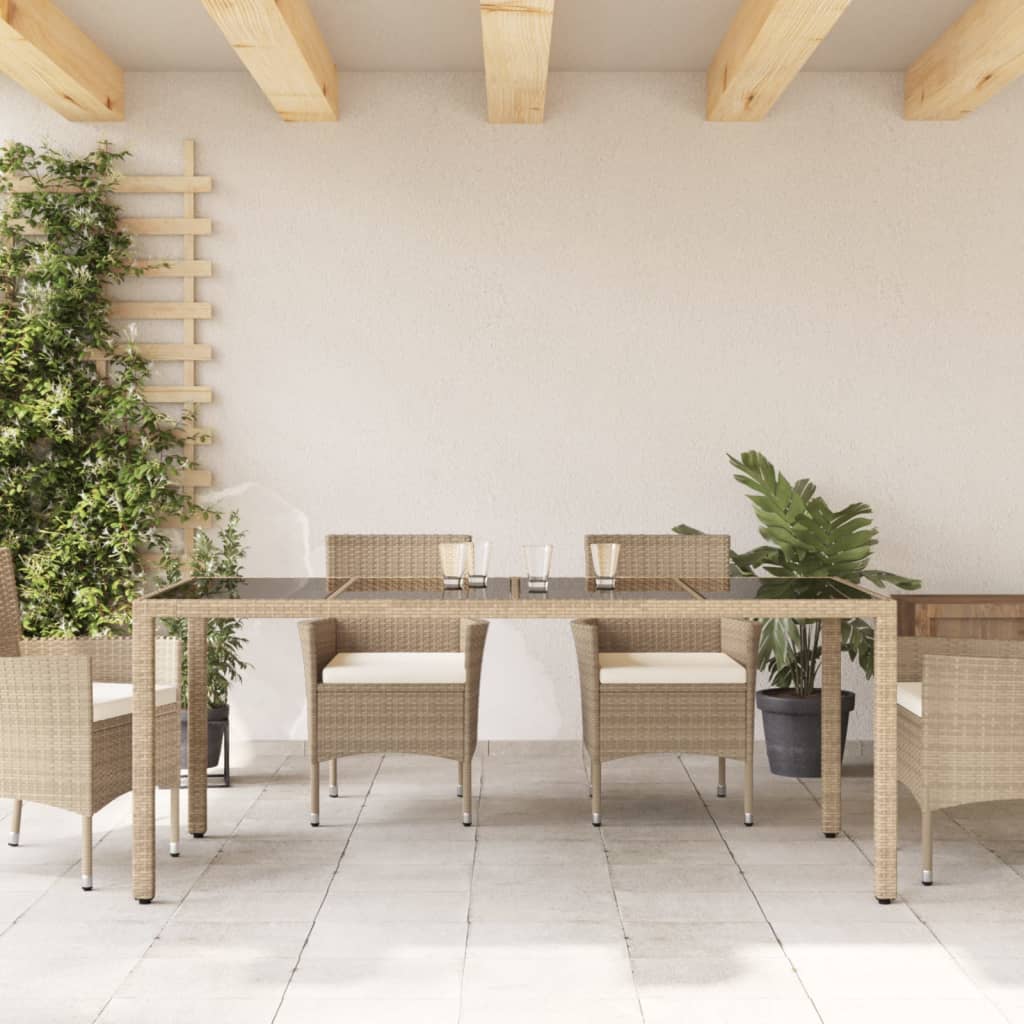 Outdoor Patio Poly Rattan 6 Person Garden Dining Table With Glass Top