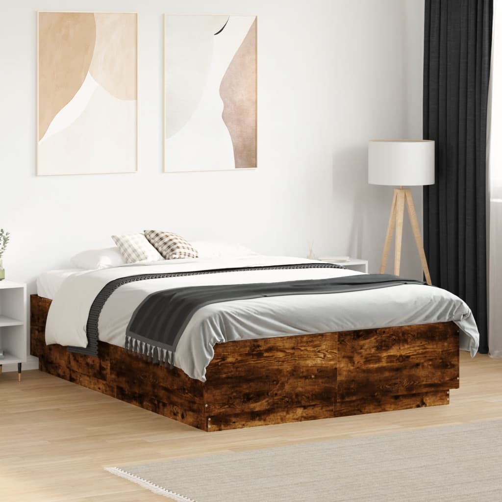 Bed Frame with LED without Mattress Smoked Oak 135x190 cm Double