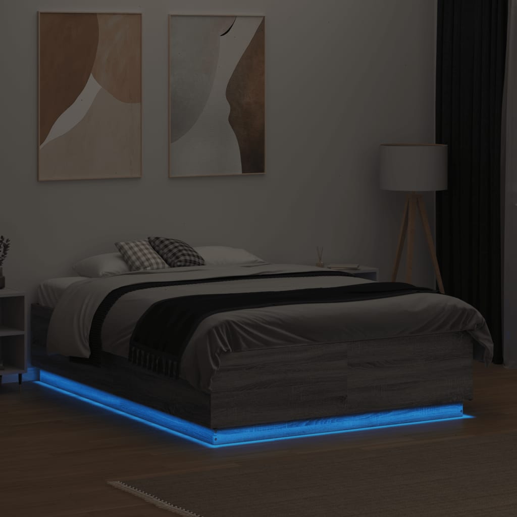 Bed Frame with LED without Mattress Grey Sonoma 135x190 cm Double