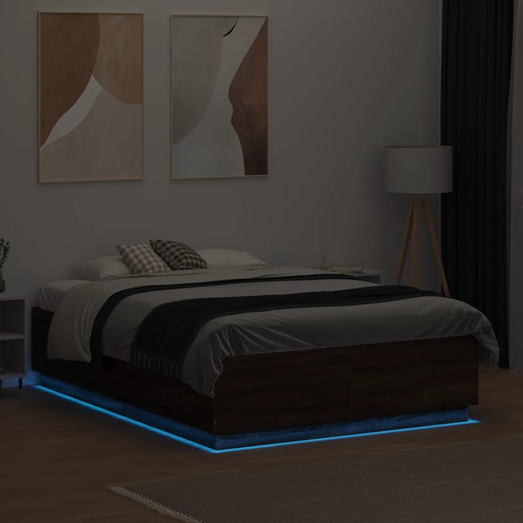 Bed Frame with LED without Mattress Brown Oak 135x190 cm Double