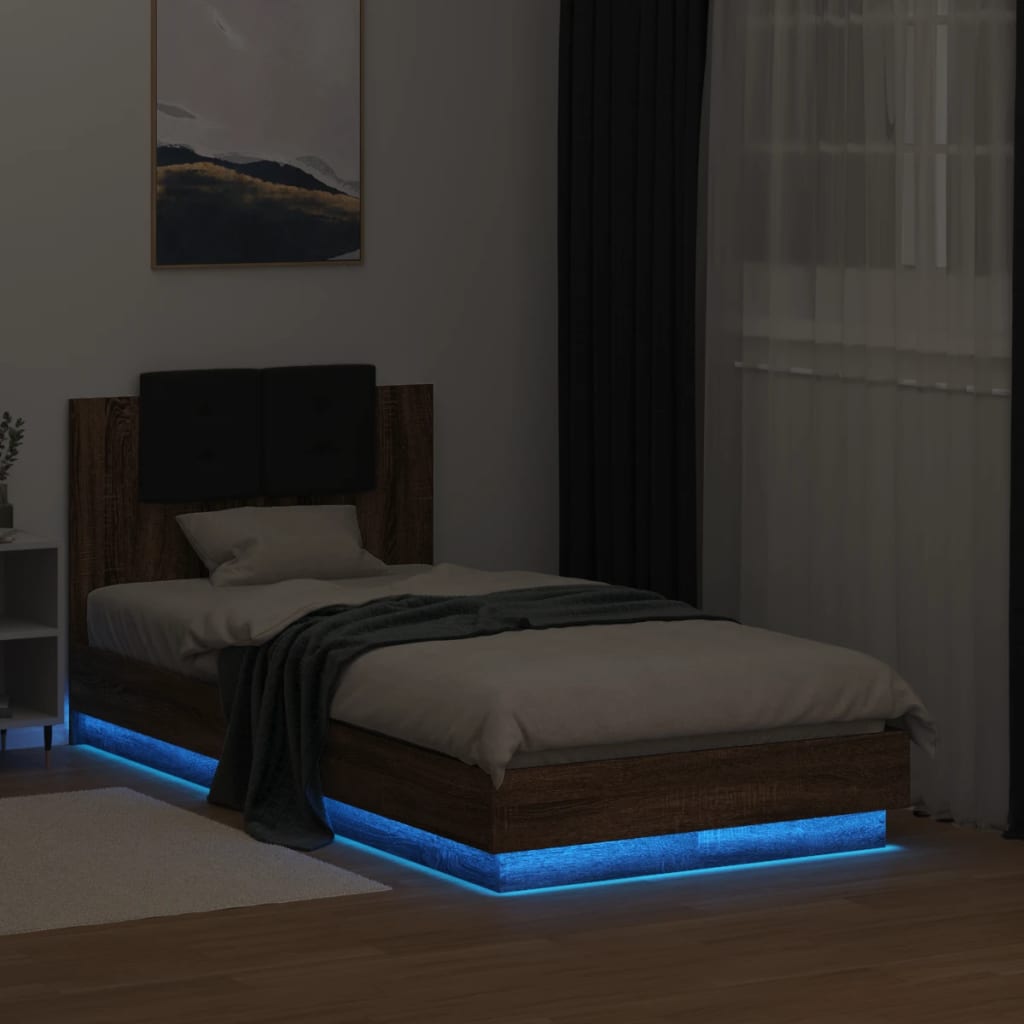 Bed Frame with LED without Mattress Brown Oak 75x190 cm Small Single