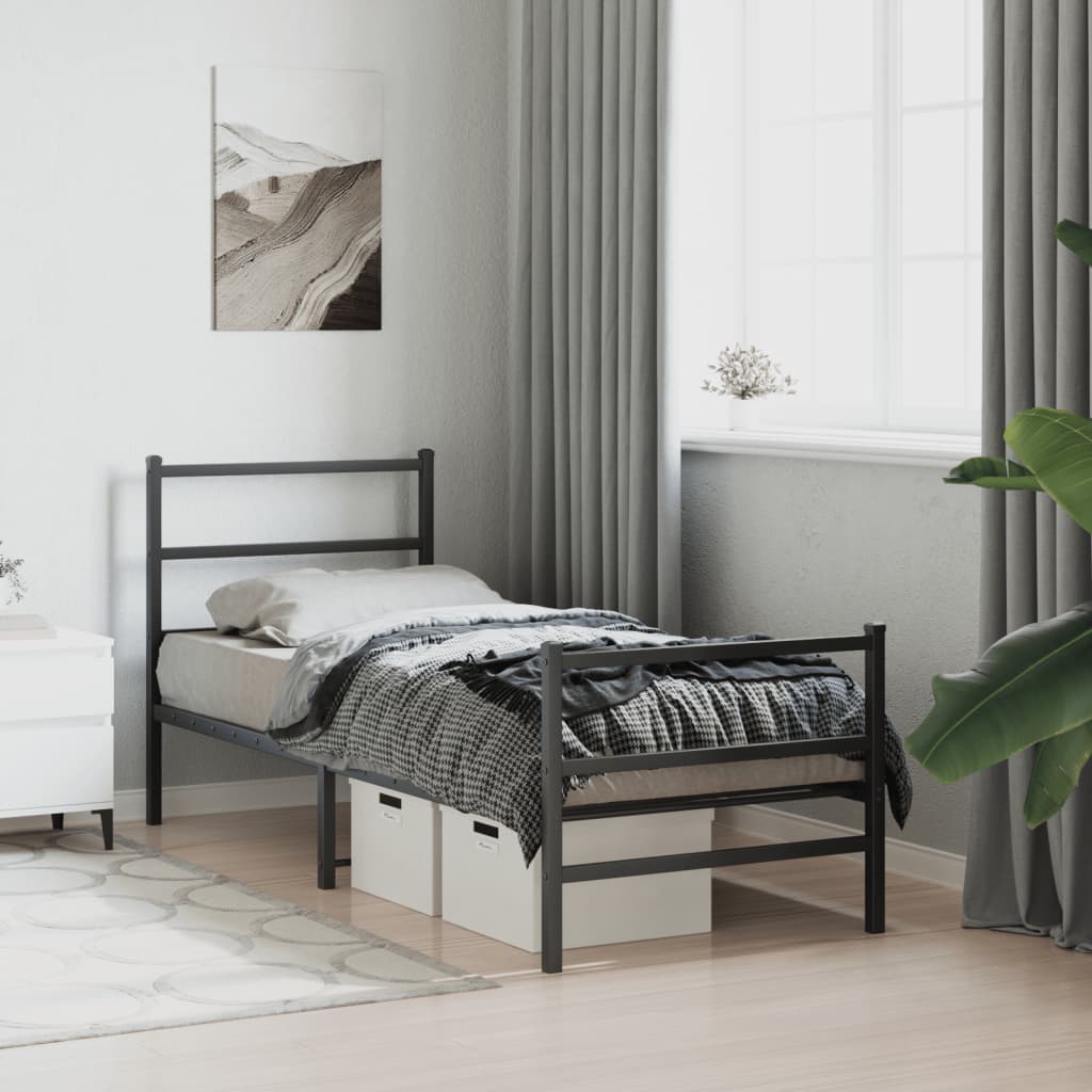 Metal Bed Frame without Mattress with Footboard Black 75x190cm