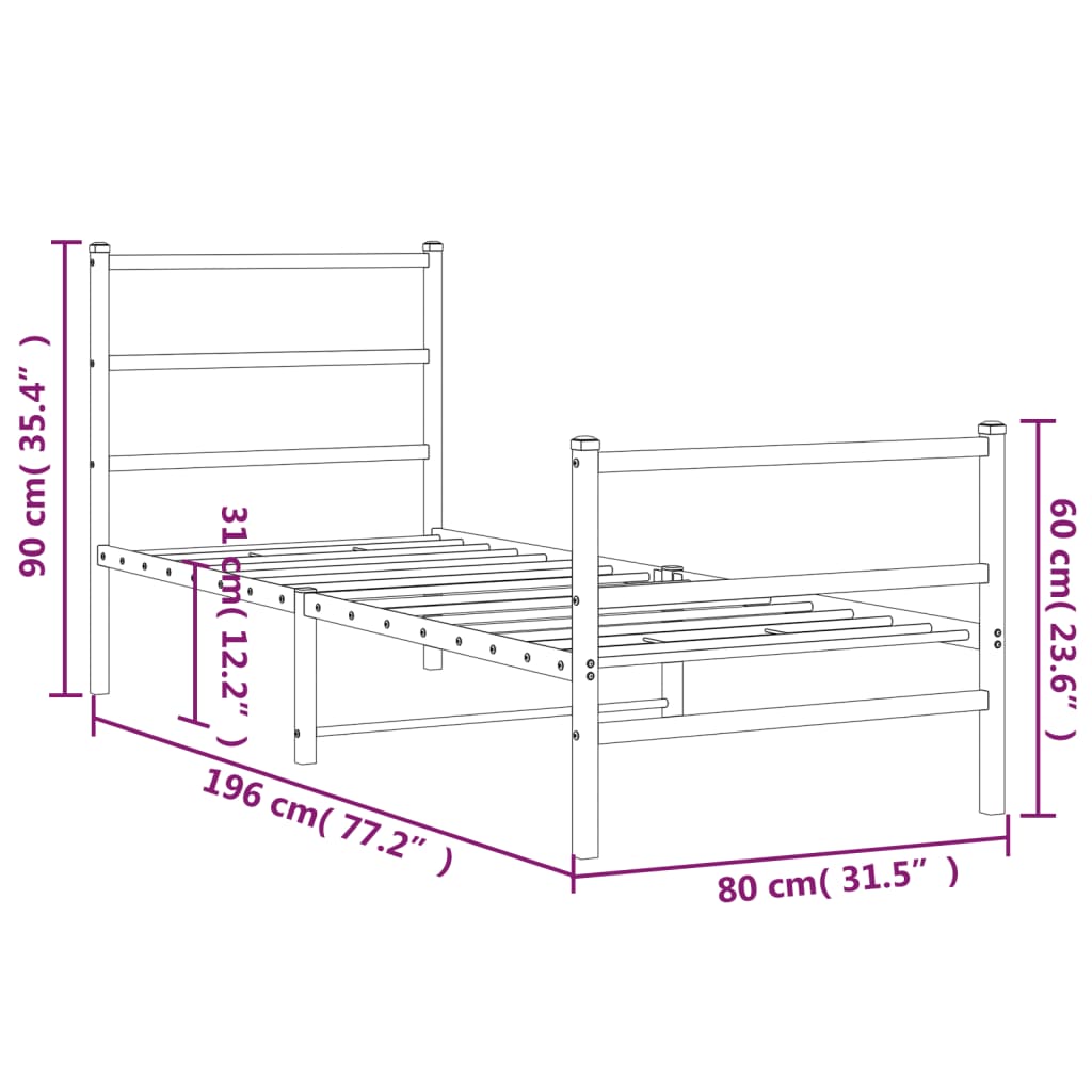 Metal Bed Frame without Mattress with Footboard White 75x190cm
