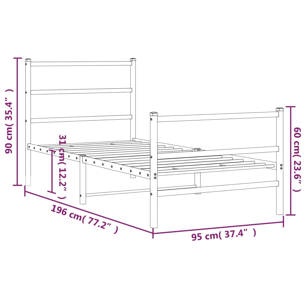 Metal Bed Frame without Mattress with Footboard White 90x190cm