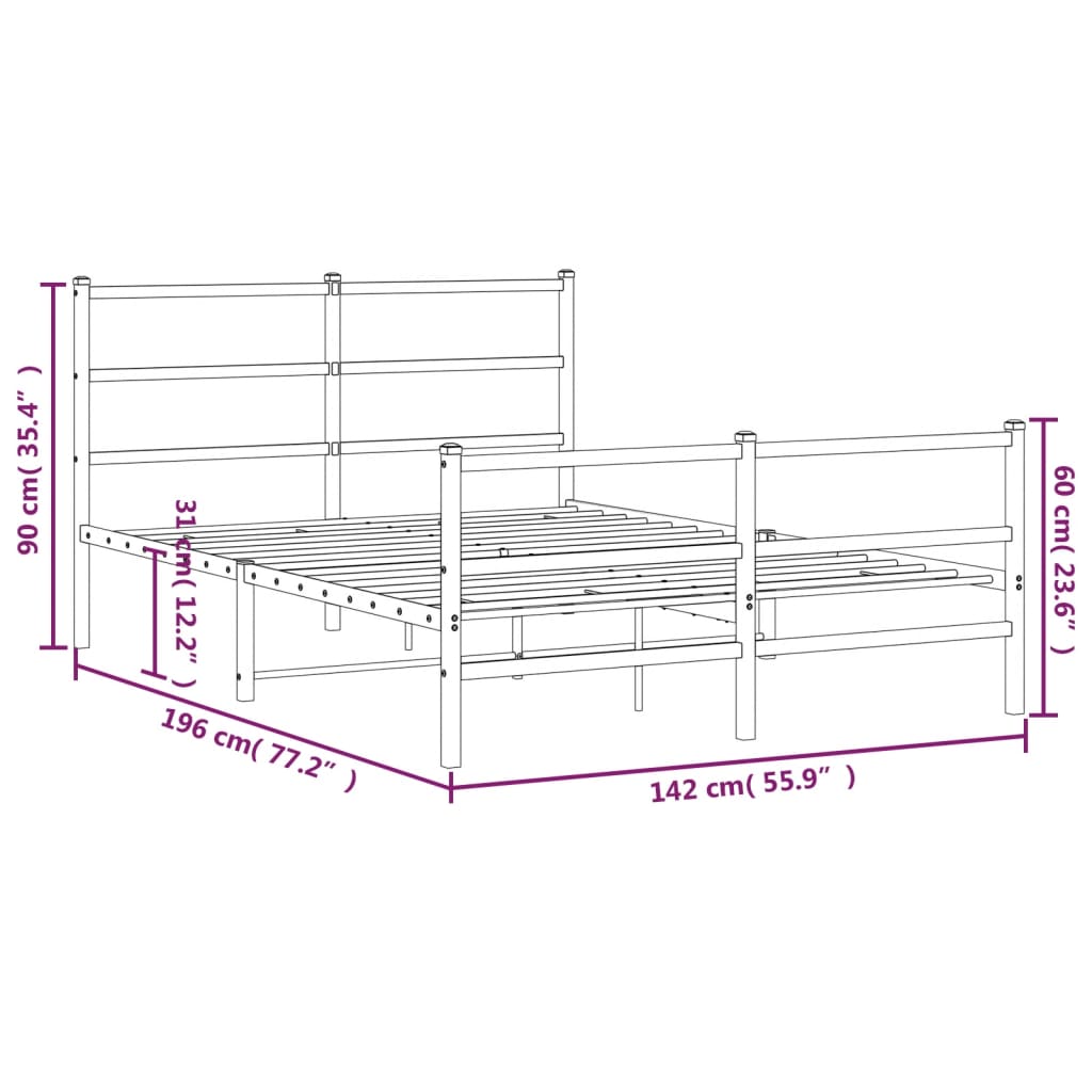 Metal Bed Frame without Mattress with Footboard White 135x190cm